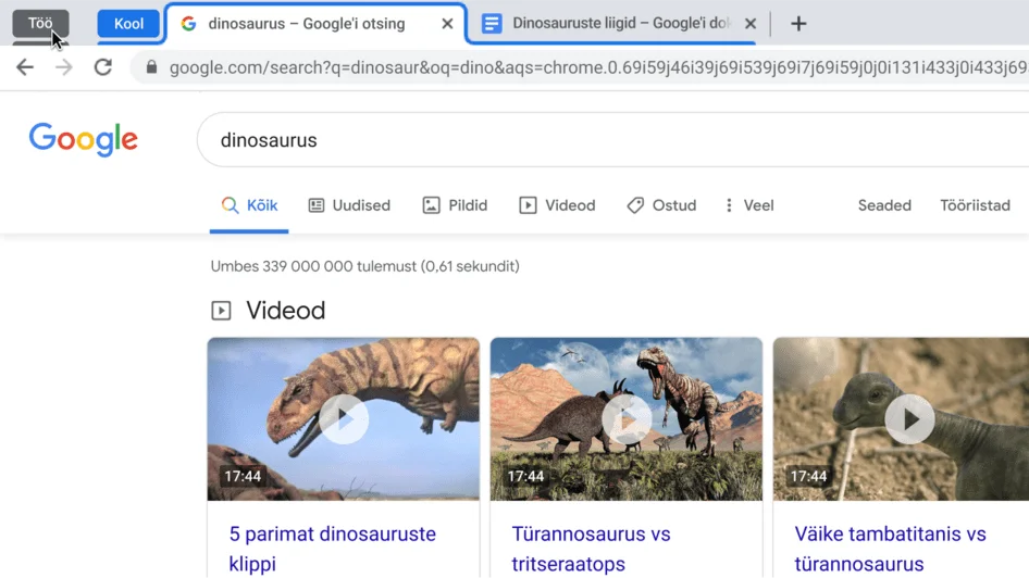 Chrome’i brauseriaken, milles on kuvatud vahelehtede grupi ahendamine.