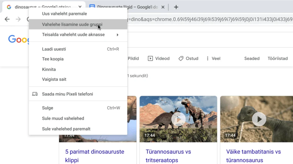 Chrome’i brauseriaken, milles on kuvatud dialoogikast uue vahelehtede grupi loomiseks