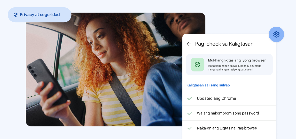 Tumitingin ang babae sa kanyang telepono. Nagsasabi ang mga element ng “Privacy at Seguridad” na may alerto tungkol sa mga nakompromisong password.