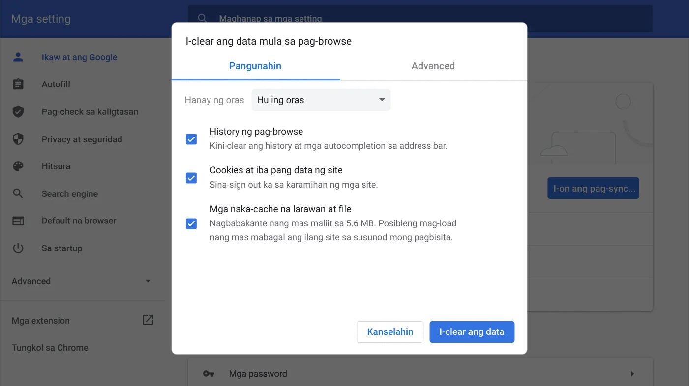 Window ng mga setting ng Chrome browser na nagpapakita ng menu ng mga opsyon ng I-clear ang data mula sa pagba-browse.