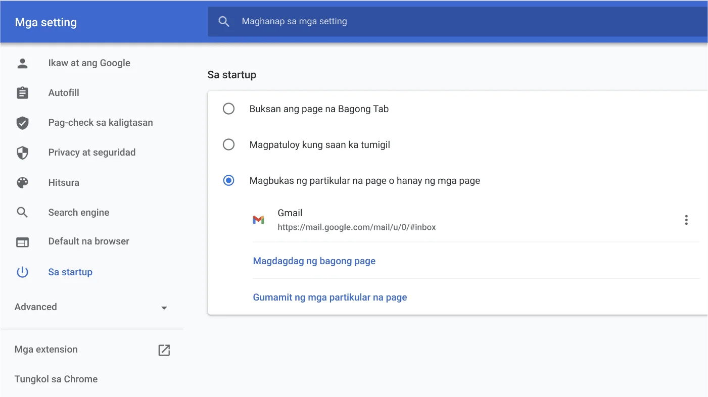 Window ng mga setting ng Chrome browser na nagpapakita ng menu ng mga opsyon ng Sa startup.