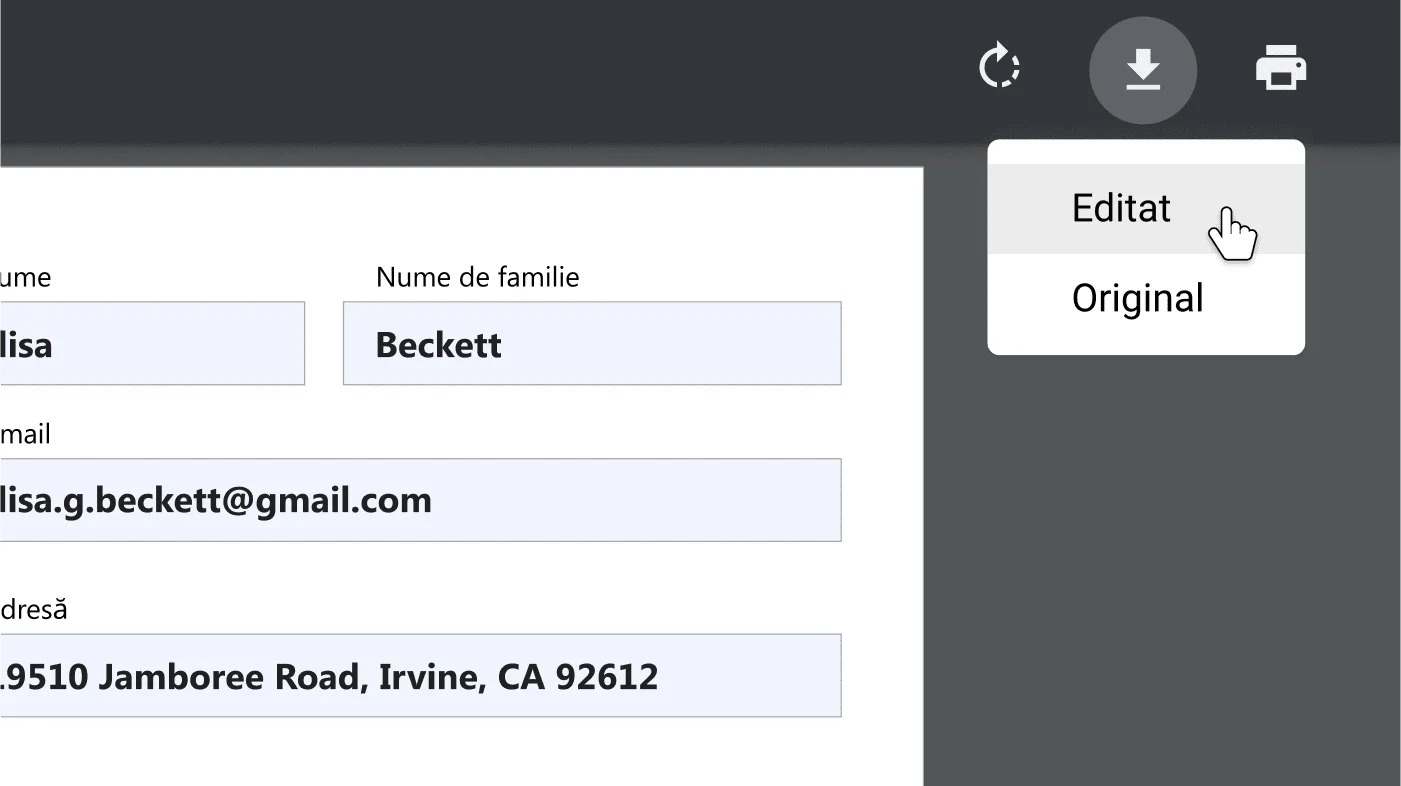 Fereastra browserului Chrome cu un document PDF deschis, mărit pe meniul de opțiuni Descarcă și printează.