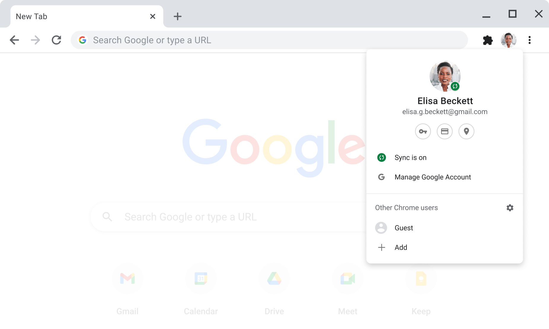 Chrome browser window displaying account and sync settings for Google Accounts, where sync is enabled.